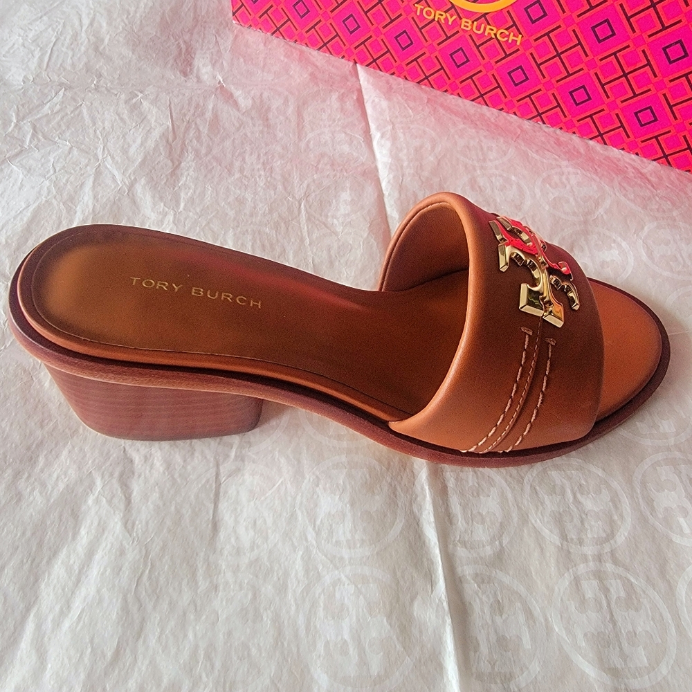 ⭐️Tory Burch womens Peep-toe Tan Slide Sandals with Gold Logo - Picture 14 of 16